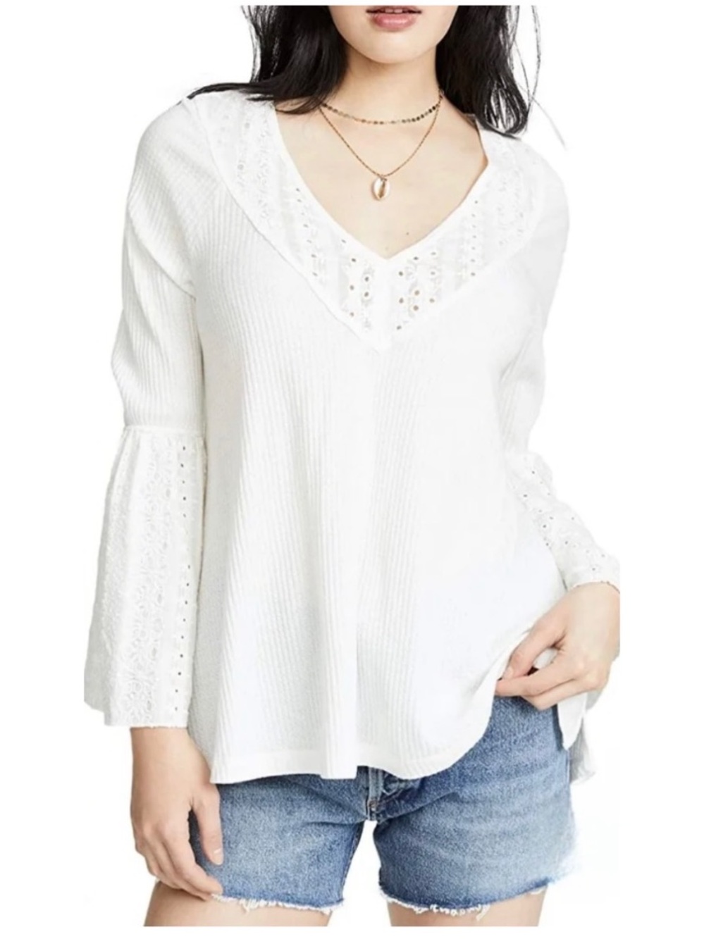 Free People Women’s Sz S White Eyelet Lace Top Bell Sleeve Parisian Nights Knit